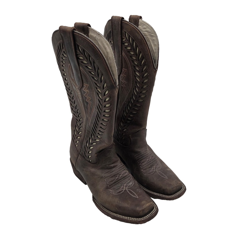 JB DILLON Reserve Women's Brown Leather Square Toe Cowboy Boots Inlays Sz 6B